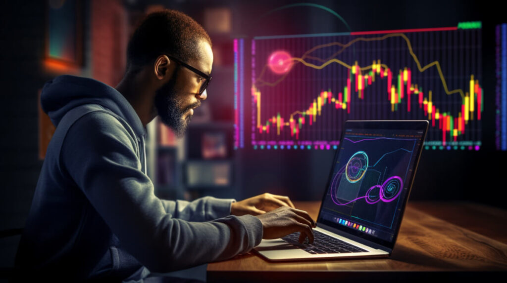 コンピューターで金融チャートを研究している男性