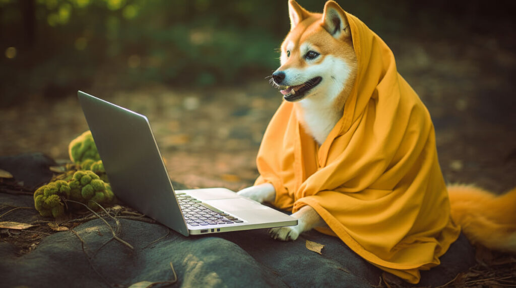 柴犬がパソコンを操作してミームコインを取引している様子