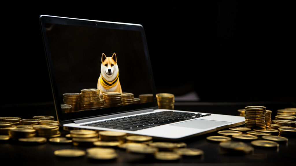 柴犬が映し出されたパソコンと様々な仮想通貨