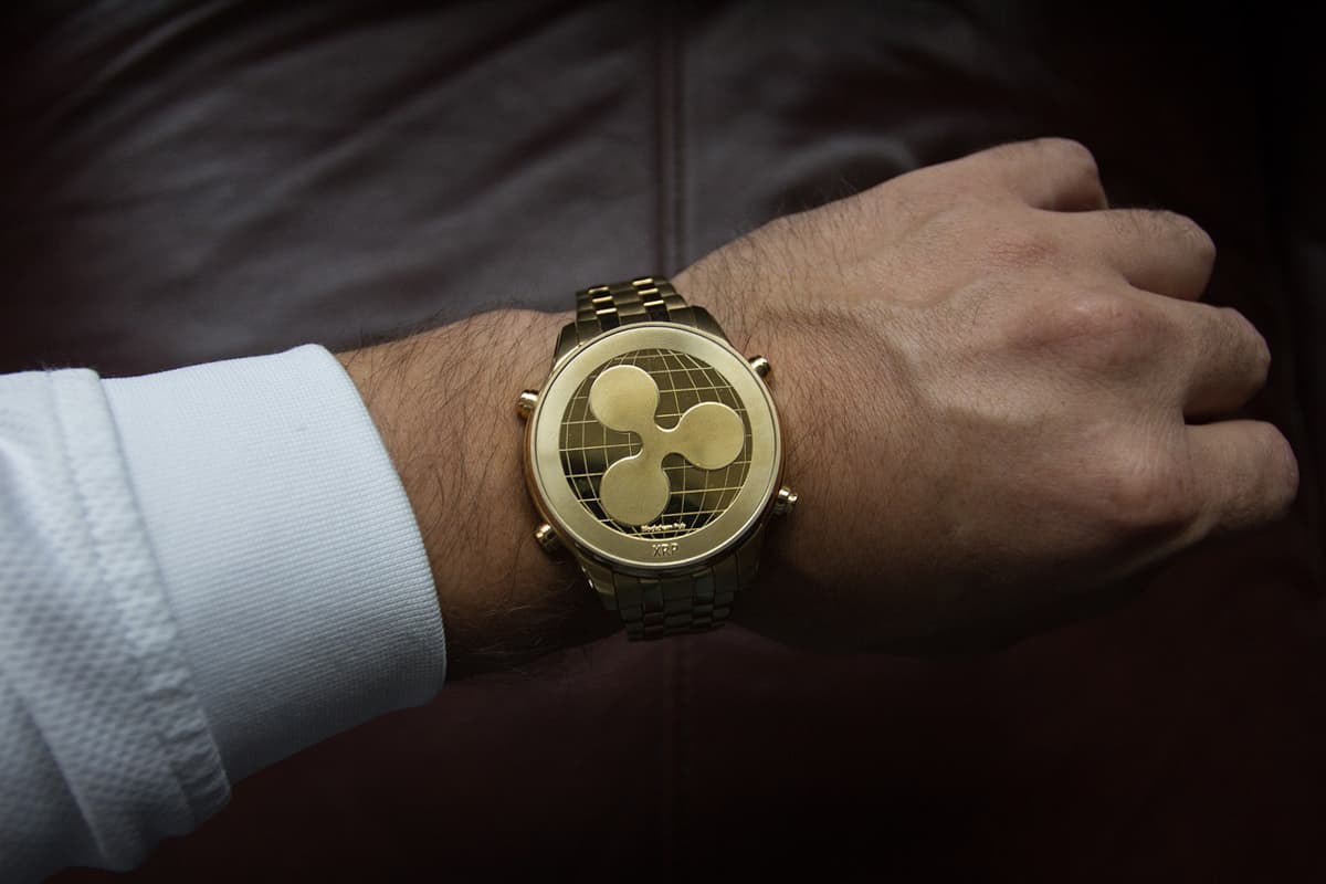 リップルのコイン型の腕時計を着用した男性の左手