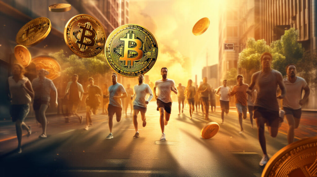 都市風景の中で大きな浮かぶビットコインの中を走る人々