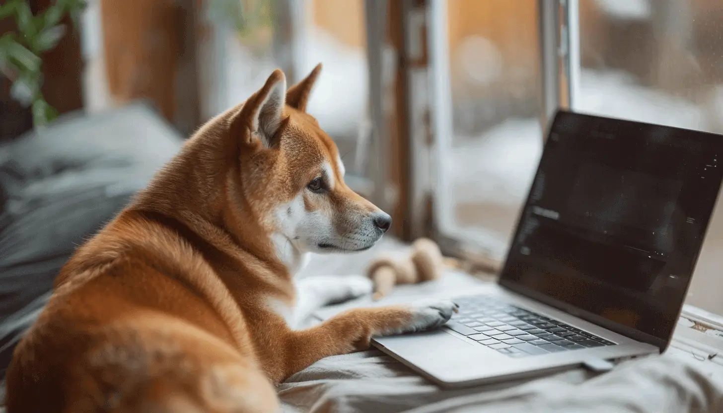 パソコンを眺める柴犬
