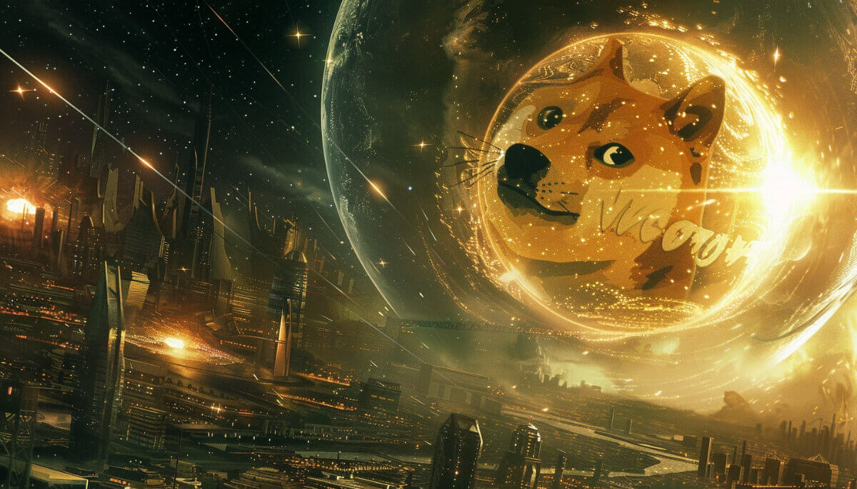 近未来都市上空に出現したドージコインを象徴する巨大な柴犬の惑星
