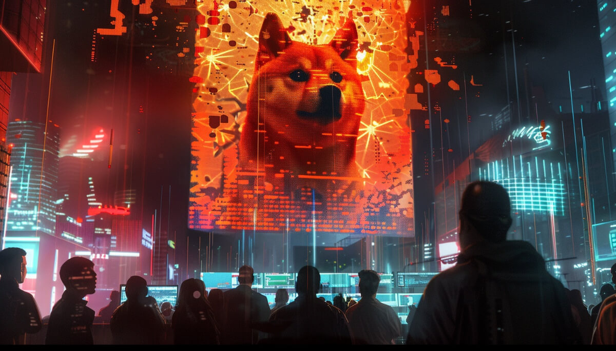 深夜の近未来都市のデジタルスクリーンに映し出されたドージコインのシンボルである柴犬