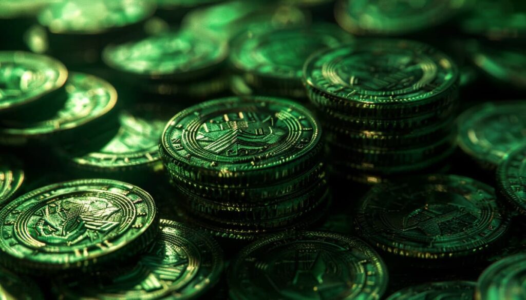 緑色で詳細にデザインされた仮想通貨のコイン