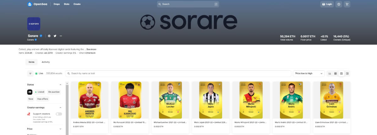 OpenSeaで購入できるSorare（ソラーレ）のNFTトレーディングカード