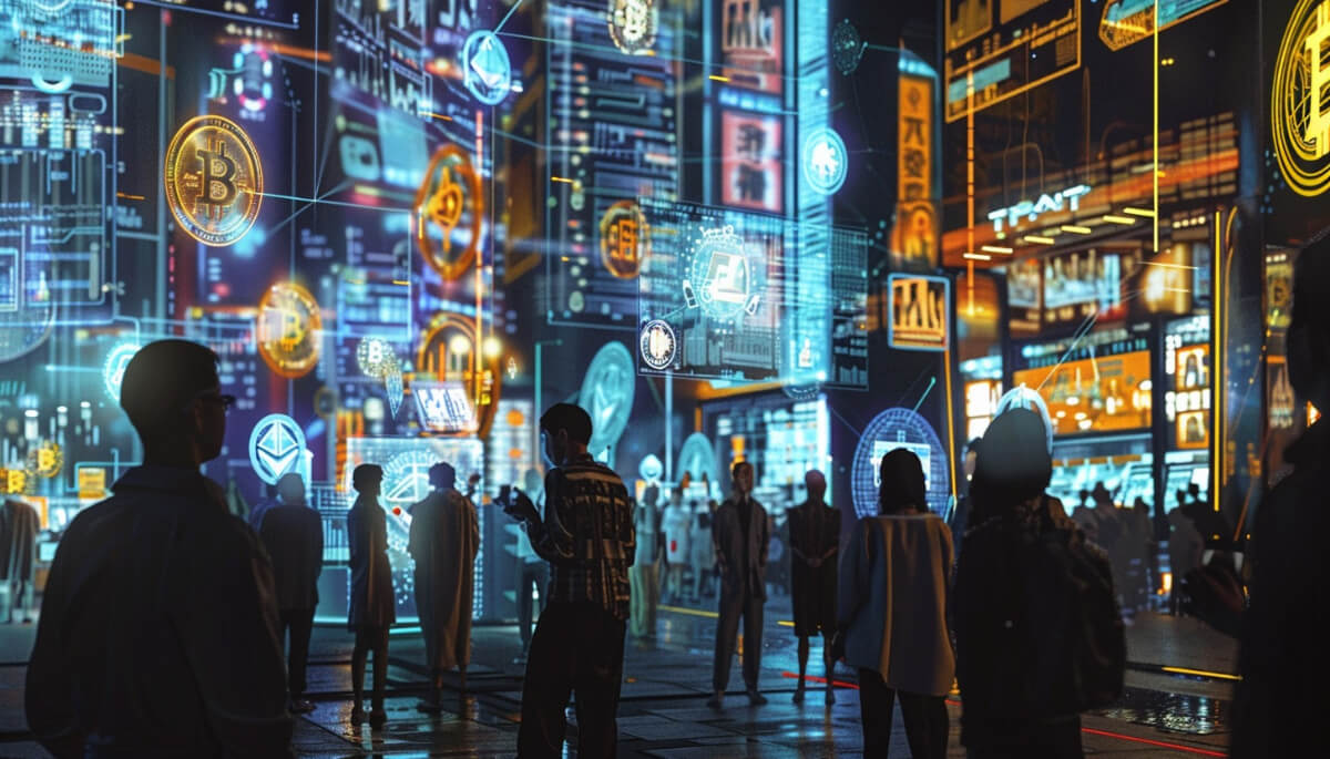近未来的な都市の夜景を背景に、ビットコインやイーサリアムなどの仮想通貨を特徴づけるデジタルディスプレイが人々に取り囲まれている様子