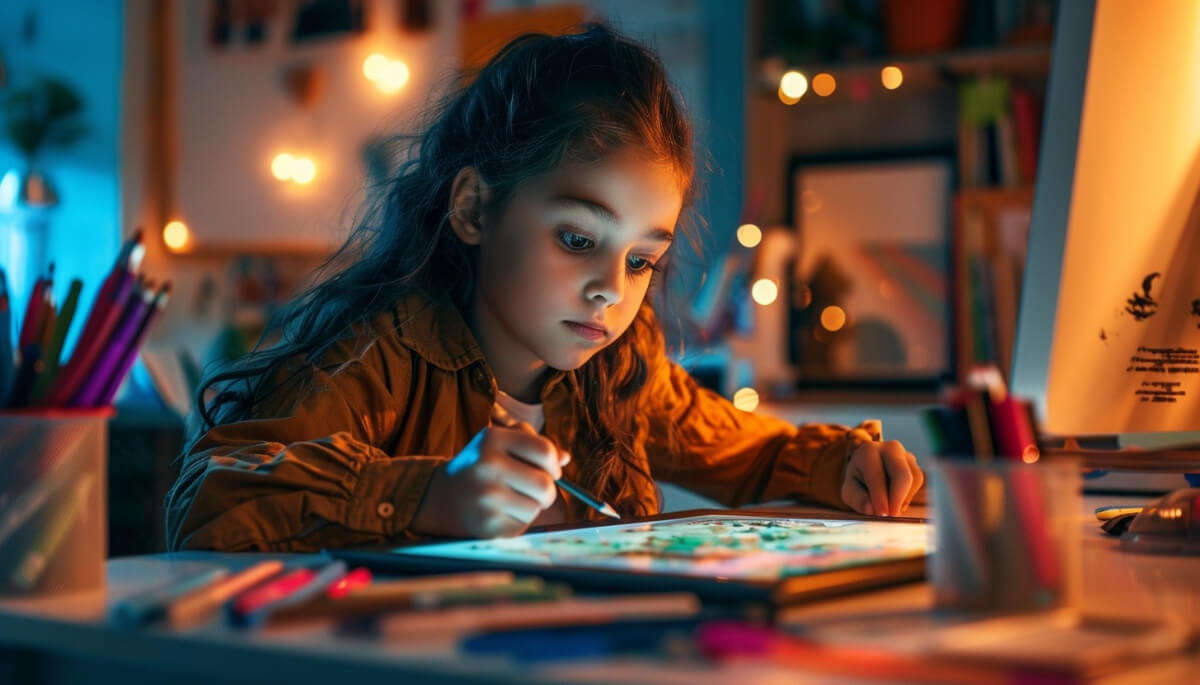 オレンジ色の温かい照明に包まれた部屋の中でデジタルタブレットにイラストを描く少女