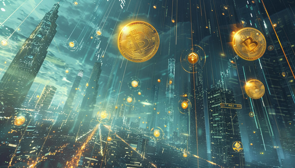 未来の都市に仮想通貨コインの雨が降り注ぐデジタル通貨の普及を象徴する景観